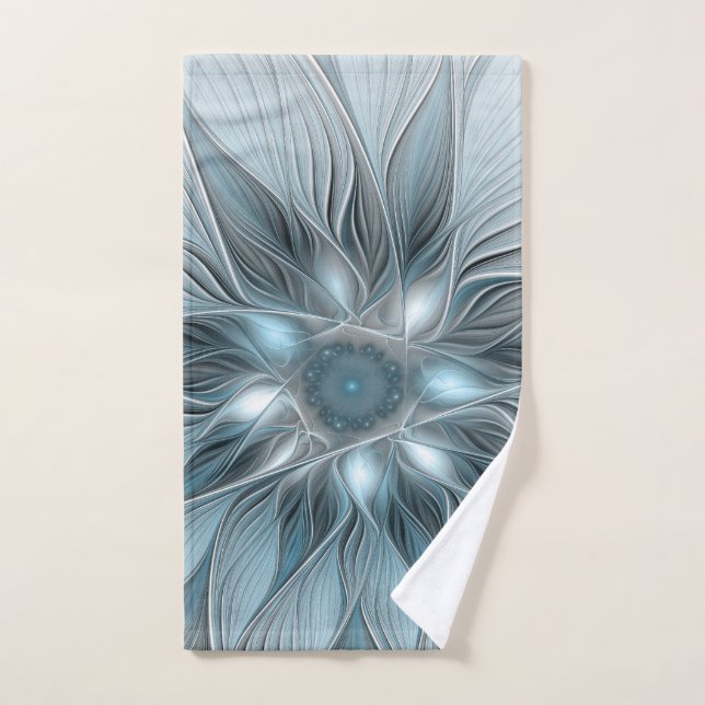 Joyful Flower Abstract Blue Gray Floral Fractal Hand Towel (Hand Towel)