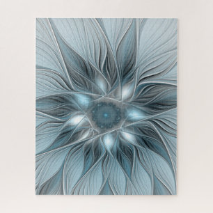 Joyful Flower Abstract Blue Gray Floral Fractal Jigsaw Puzzle