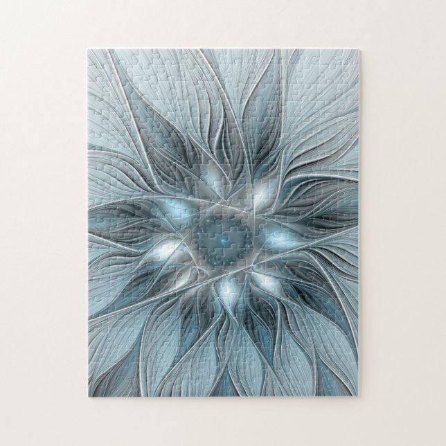 Joyful Flower Abstract Blue Gray Floral Fractal Jigsaw Puzzle (Vertical)