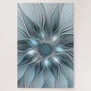Joyful Flower Abstract Blue Gray Floral Fractal Jigsaw Puzzle