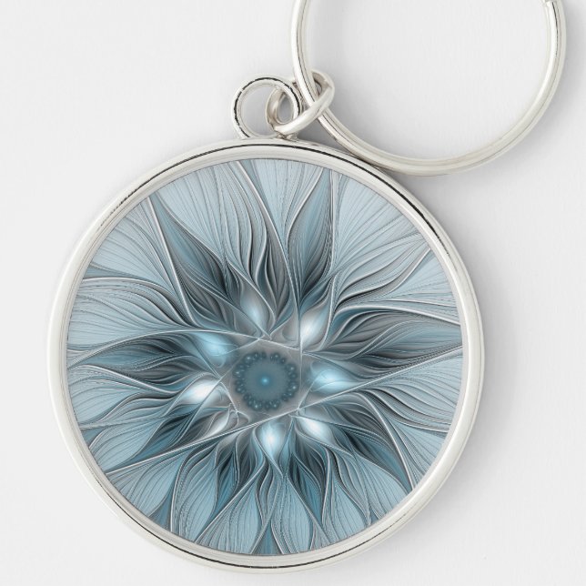 Joyful Flower Abstract Blue Gray Floral Fractal Keychain (Front)
