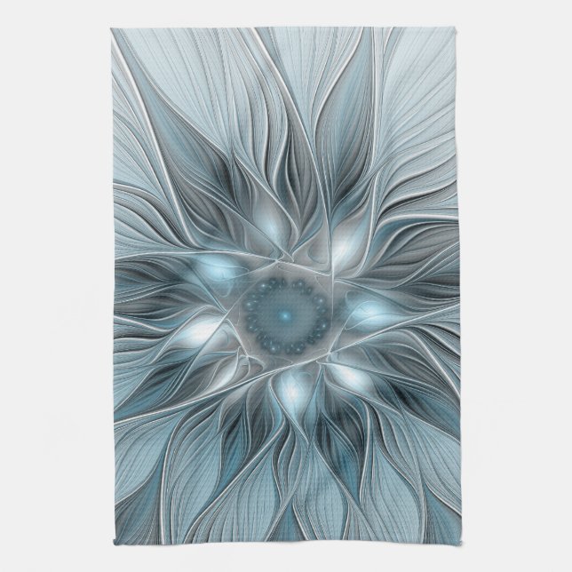 Joyful Flower Abstract Blue Gray Floral Fractal Kitchen Towel (Vertical)