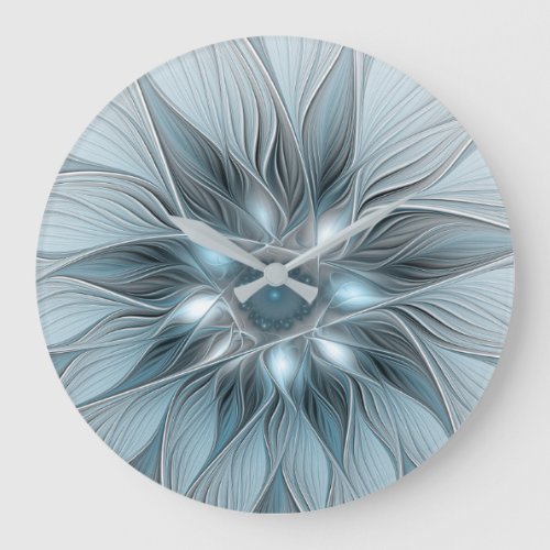 Joyful Flower Abstract Blue Gray Floral Fractal Large Clock