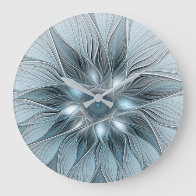 Joyful Flower Abstract Blue Gray Floral Fractal Large Clock (Front)