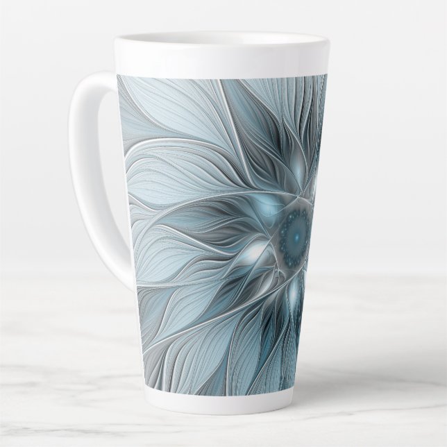 Joyful Flower Abstract Blue Gray Floral Fractal Latte Mug (Left Angle)