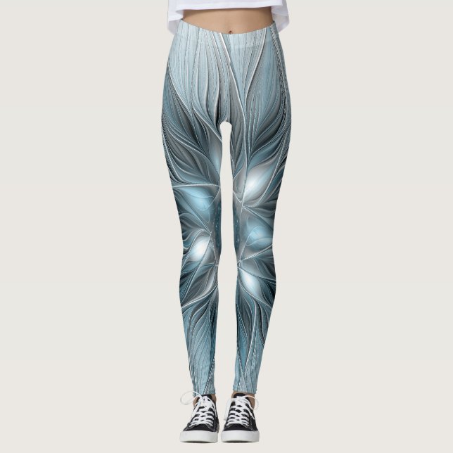 Joyful Flower Abstract Blue Gray Floral Fractal Leggings (Front)