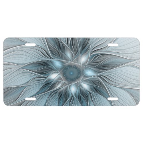 Joyful Flower Abstract Blue Gray Floral Fractal License Plate