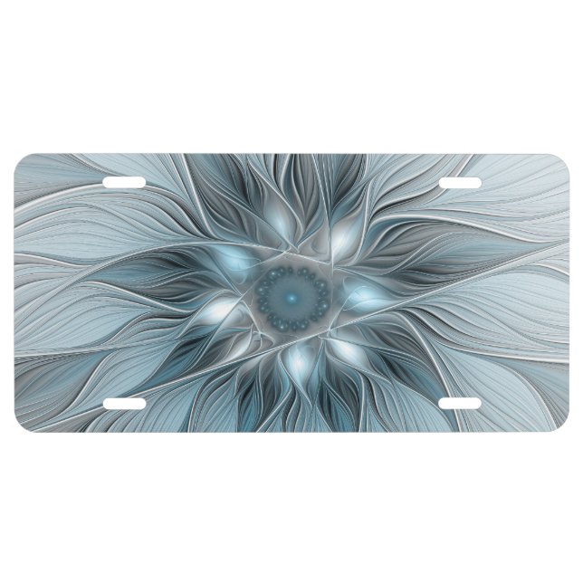 Joyful Flower Abstract Blue Gray Floral Fractal License Plate (Front)