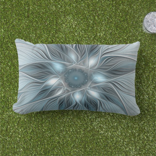 Joyful Flower Abstract Blue Gray Floral Fractal Lumbar Pillow (Grass)