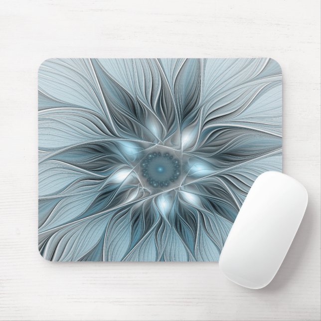 Joyful Flower Abstract Blue Gray Floral Fractal Mouse Pad (With Mouse)