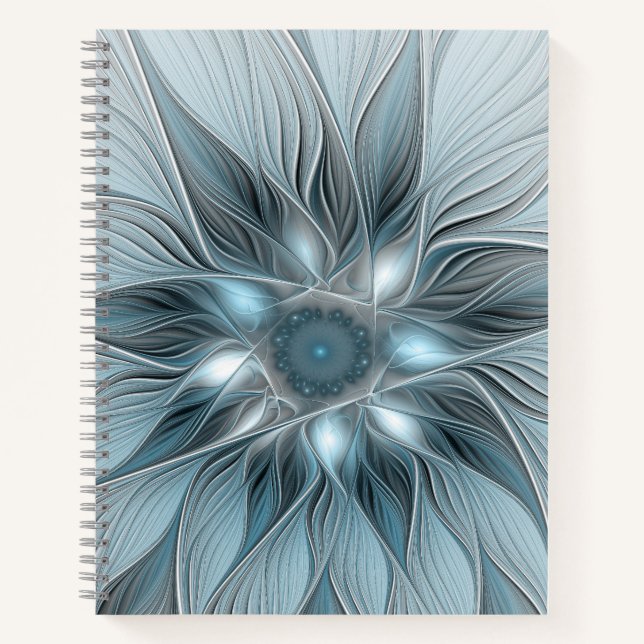 Joyful Flower Abstract Blue Gray Floral Fractal Notebook (Front)
