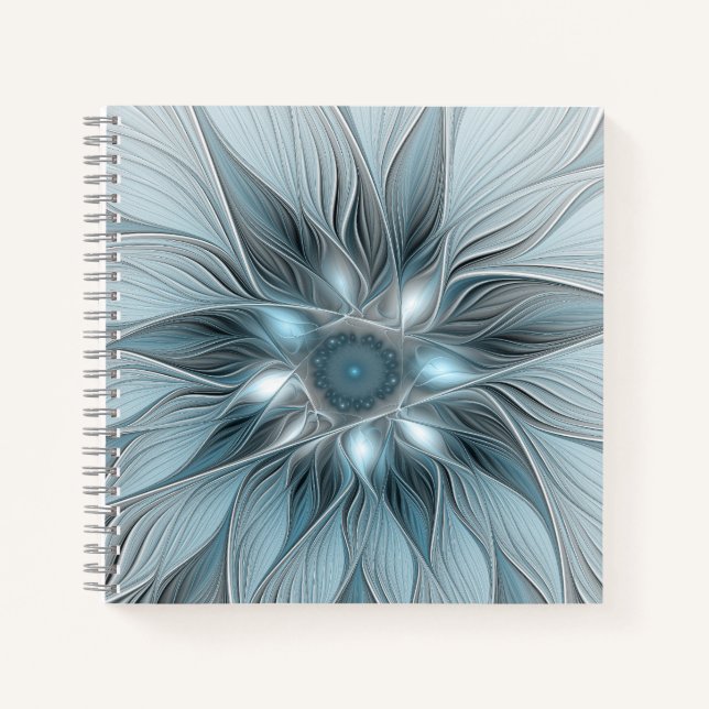 Joyful Flower Abstract Blue Gray Floral Fractal Notebook (Front)