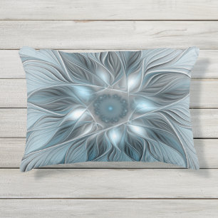 Joyful Flower Abstract Blue Gray Floral Fractal Outdoor Pillow