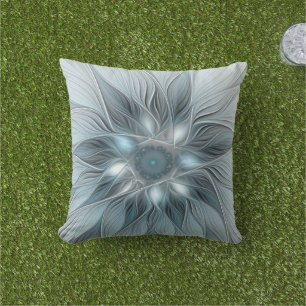 Joyful Flower Abstract Blue Gray Floral Fractal Outdoor Pillow