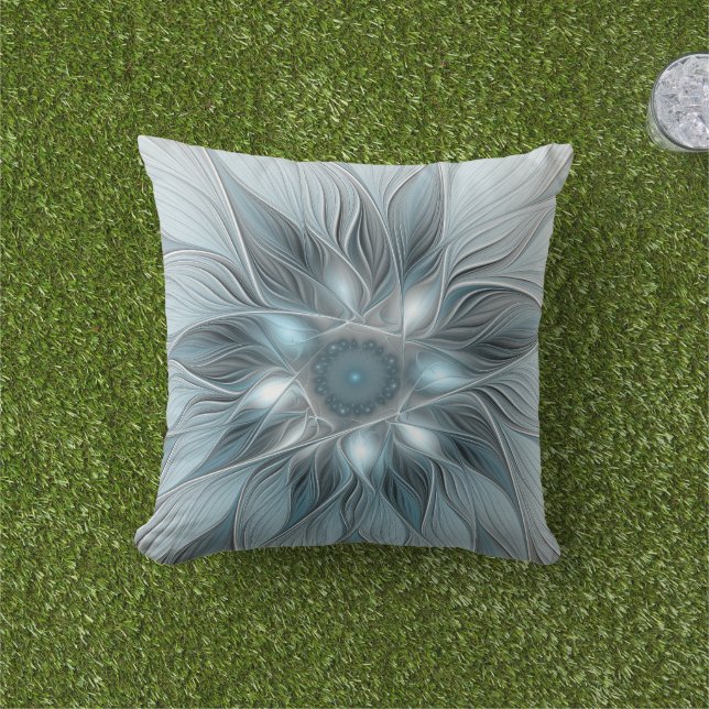 Joyful Flower Abstract Blue Gray Floral Fractal Outdoor Pillow (Grass)