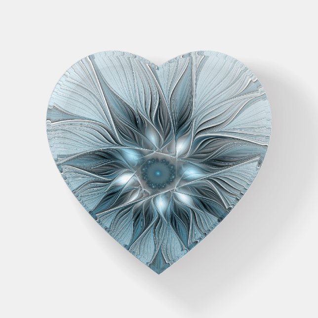 Joyful Flower Abstract Blue Gray Floral Fractal Paperweight (Front)
