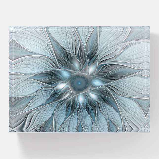 Joyful Flower Abstract Blue Gray Floral Fractal Paperweight (Front)
