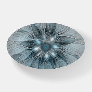 Joyful Flower Abstract Blue Gray Floral Fractal Paperweight