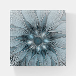 Joyful Flower Abstract Blue Gray Floral Fractal Paperweight