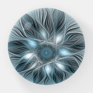 Joyful Flower Abstract Blue Gray Floral Fractal Paperweight