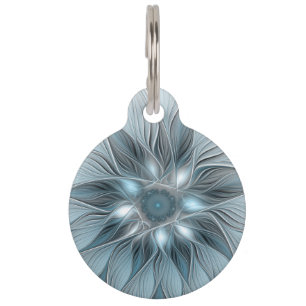 Joyful Flower Abstract Blue Gray Floral Fractal Pet ID Tag