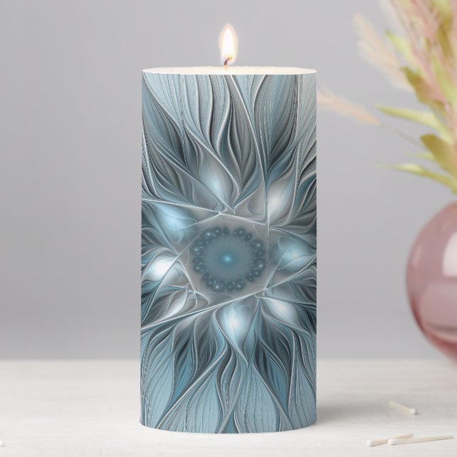 Joyful Flower Abstract Blue Gray Floral Fractal Pillar Candle (In Situ)