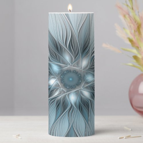 Joyful Flower Abstract Blue Gray Floral Fractal Pillar Candle