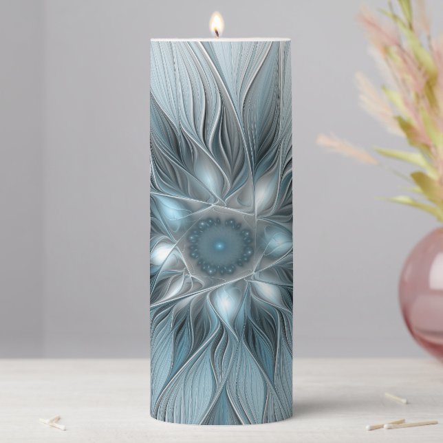 Joyful Flower Abstract Blue Gray Floral Fractal Pillar Candle (In Situ)