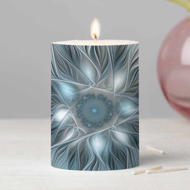 Joyful Flower Abstract Blue Gray Floral Fractal Pillar Candle (In Situ)