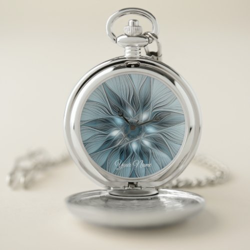 Joyful Flower Abstract Blue Gray Floral Fractal Pocket Watch