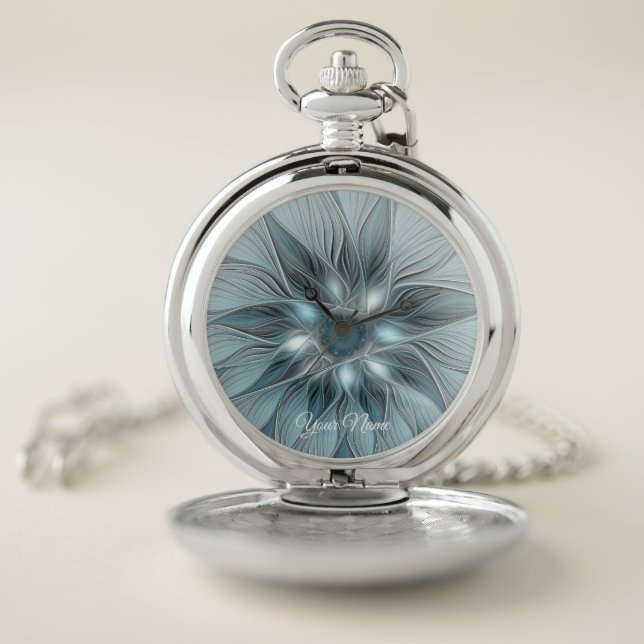 Joyful Flower Abstract Blue Gray Floral Fractal Pocket Watch (Inside)