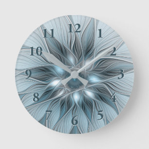 Joyful Flower Abstract Blue Gray Floral Fractal Round Clock