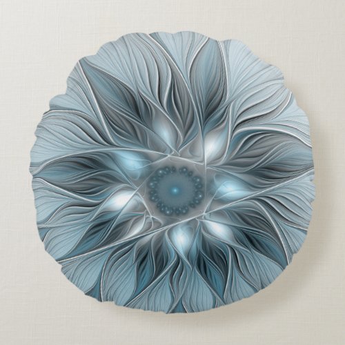 Joyful Flower Abstract Blue Gray Floral Fractal Round Pillow