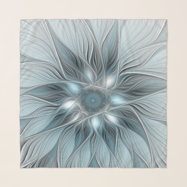 Joyful Flower Abstract Blue Gray Floral Fractal Scarf (Front)