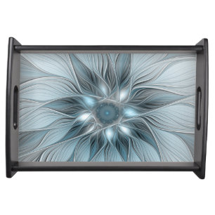 Joyful Flower Abstract Blue Gray Floral Fractal Serving Tray