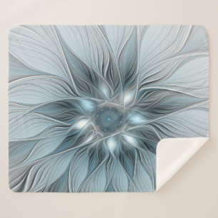 Joyful Flower Abstract Blue Gray Floral Fractal Sherpa Blanket