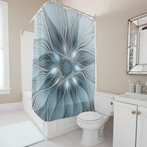Joyful Flower Abstract Blue Gray Floral Fractal Shower Curtain