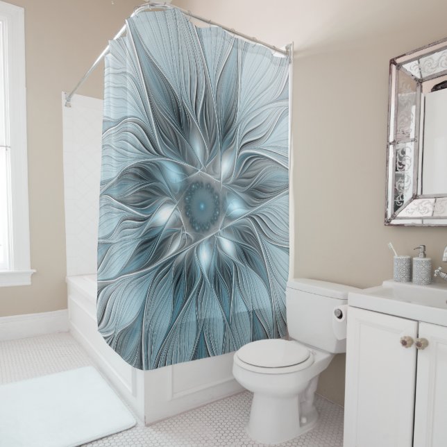 Joyful Flower Abstract Blue Gray Floral Fractal Shower Curtain (In Situ)