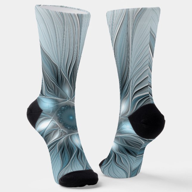 Joyful Flower Abstract Blue Gray Floral Fractal Socks (Angled)