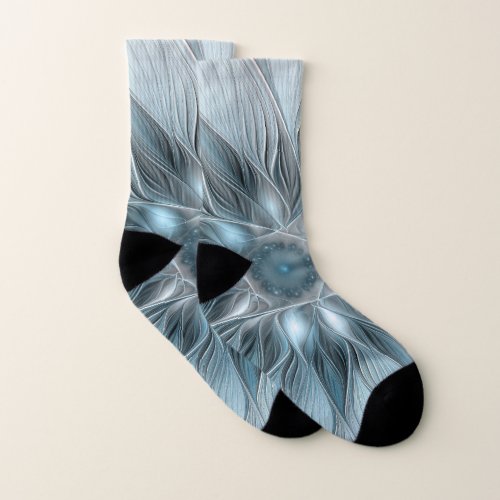 Joyful Flower Abstract Blue Gray Floral Fractal Socks