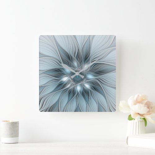 Joyful Flower Abstract Blue Gray Floral Fractal Square Wall Clock
