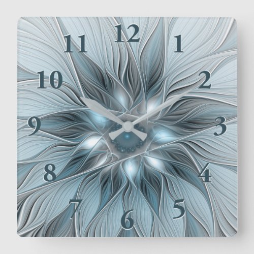 Joyful Flower Abstract Blue Gray Floral Fractal Square Wall Clock