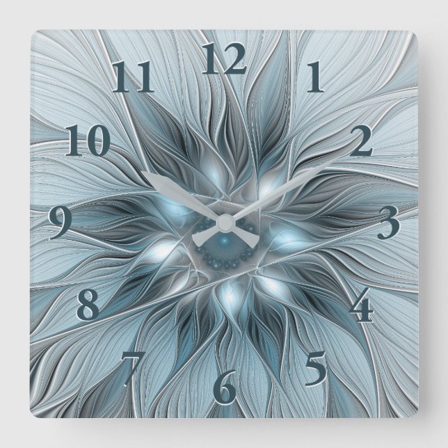 Joyful Flower Abstract Blue Gray Floral Fractal Square Wall Clock (Front)