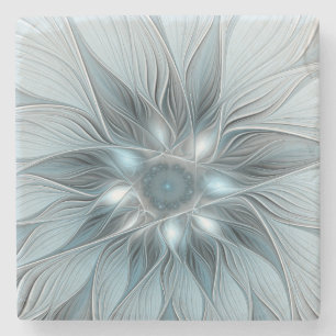 Joyful Flower Abstract Blue Gray Floral Fractal Stone Coaster