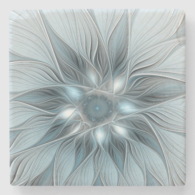 Joyful Flower Abstract Blue Gray Floral Fractal Stone Coaster (Front)
