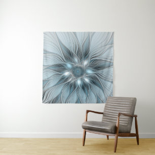 Joyful Flower Abstract Blue Gray Floral Fractal Tapestry