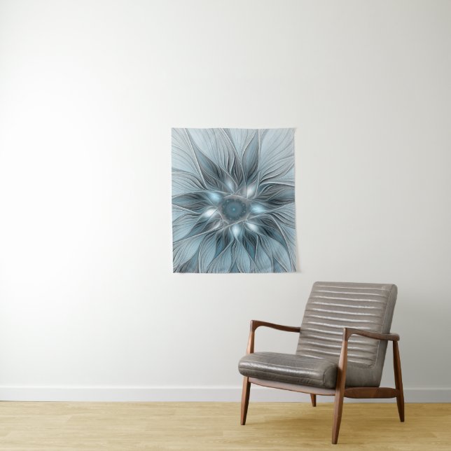 Joyful Flower Abstract Blue Gray Floral Fractal Tapestry (In Situ)