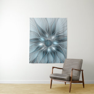 Joyful Flower Abstract Blue Gray Floral Fractal Tapestry
