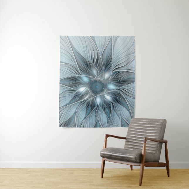 Joyful Flower Abstract Blue Gray Floral Fractal Tapestry (In Situ)