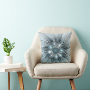Joyful Flower Abstract Blue Gray Floral Fractal Throw Pillow